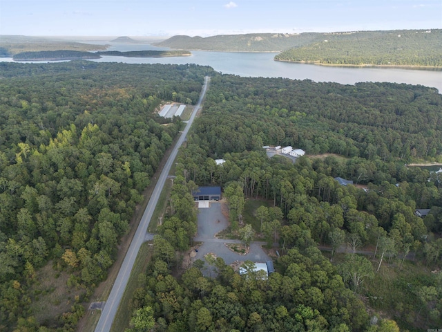 drone / aerial view featuring a water view and a view of trees