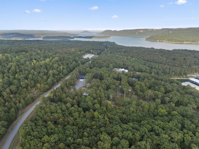 aerial view with a water view and a wooded view