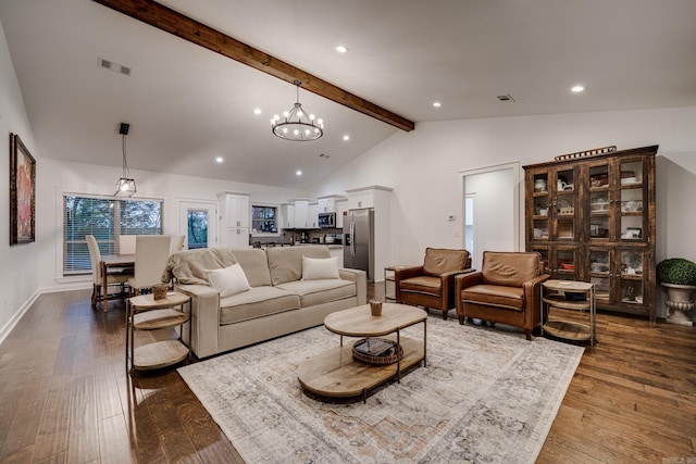 living room with recessed lighting, dark wood-type flooring, a chandelier, beamed ceiling, and visible vents