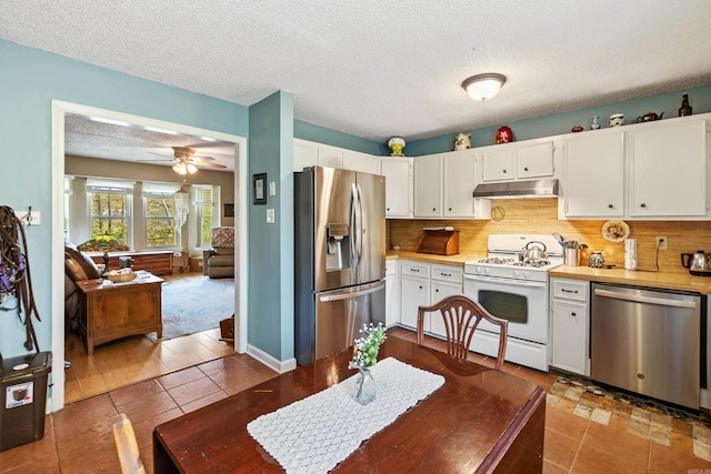 3613 Northlake Rd, Alexander, AR 72002 - kitchen with white cabinetry, tasteful backsplash, under cabinet range hood, a textured ceiling, and appliances with stainless steel finishes