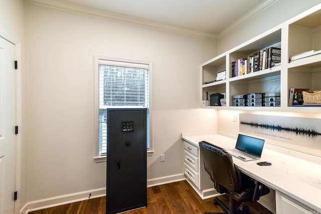 411 Sienna Lake Dr, Little Rock, AR 72210 - home office featuring built in study area, dark wood-style floors, crown molding, and a healthy amount of sunlight