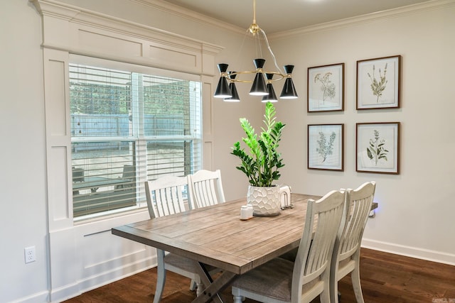 411 Sienna Lake Dr, Little Rock, AR 72210 - dining room with an inviting chandelier, dark wood-style flooring, crown molding, and baseboards