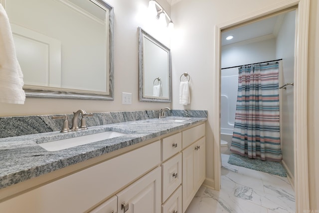 411 Sienna Lake Dr, Little Rock, AR 72210 - bathroom with marble finish floor, a sink, ornamental molding, and toilet