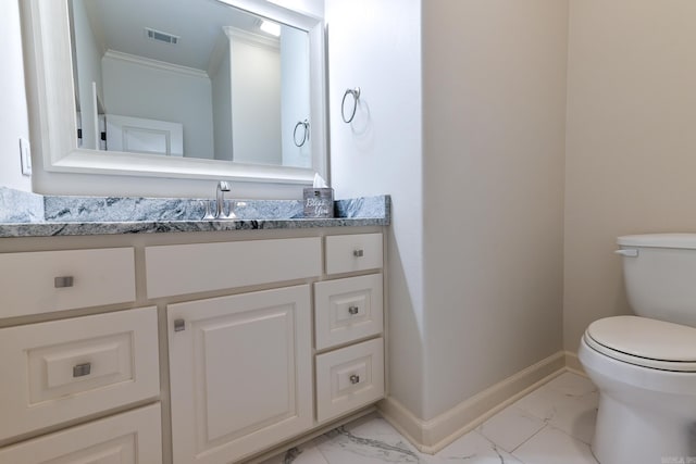 411 Sienna Lake Dr, Little Rock, AR 72210 - half bath with visible vents, baseboards, marble finish floor, toilet, and vanity