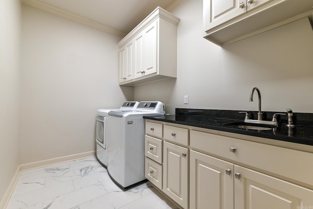 411 Sienna Lake Dr, Little Rock, AR 72210 - washroom with crown molding, a sink, separate washer and dryer, marble finish floor, and baseboards