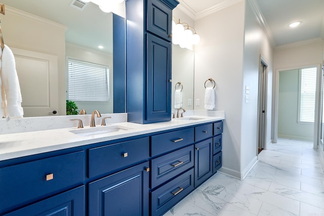 411 Sienna Lake Dr, Little Rock, AR 72210 - full bath featuring marble finish floor, visible vents, ornamental molding, and a sink