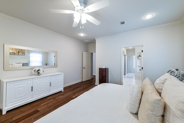 411 Sienna Lake Dr, Little Rock, AR 72210 - bedroom featuring crown molding, a ceiling fan, dark wood-style floors, baseboards, and visible vents