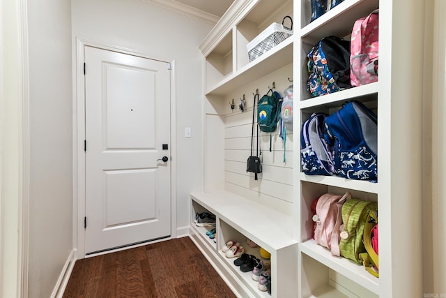 411 Sienna Lake Dr, Little Rock, AR 72210 - mudroom featuring dark wood-style floors and ornamental molding