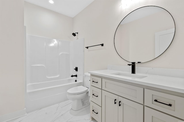 full bathroom with vanity, recessed lighting, toilet, marble finish floor, and  shower combination