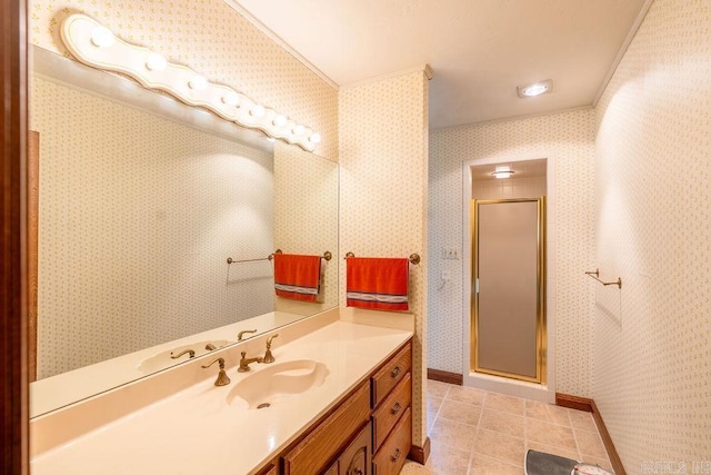 1110 Huntington Pl, Heber Springs, AR 72543 - full bath with wallpapered walls, vanity, tile patterned flooring, and a shower stall