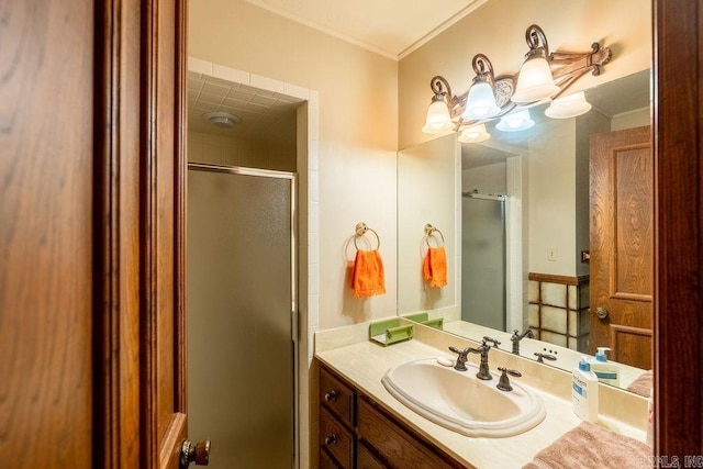 1110 Huntington Pl, Heber Springs, AR 72543 - full bathroom featuring vanity, crown molding, a chandelier, and a shower stall