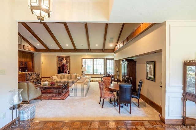 1110 Huntington Pl, Heber Springs, AR 72543 - dining area with baseboards, visible vents, high vaulted ceiling, and beam ceiling