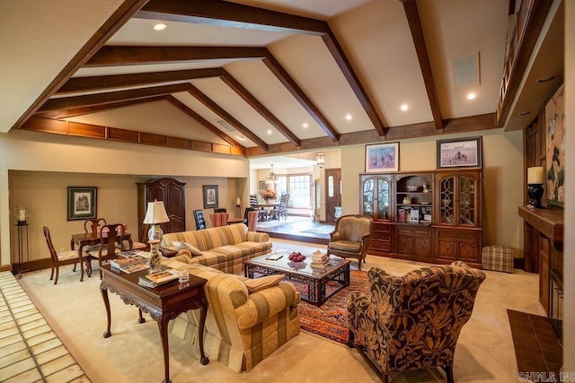 1110 Huntington Pl, Heber Springs, AR 72543 - living room featuring recessed lighting, a fireplace with flush hearth, high vaulted ceiling, beam ceiling, and visible vents