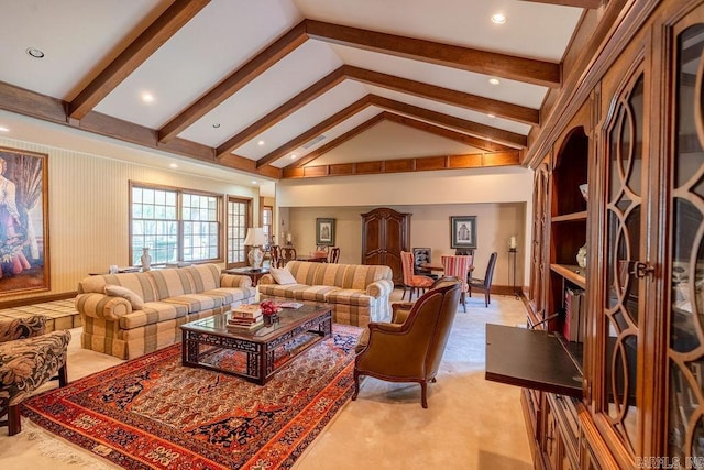 1110 Huntington Pl, Heber Springs, AR 72543 - living area with light colored carpet, high vaulted ceiling, beam ceiling, and recessed lighting