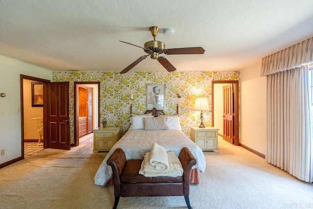 1110 Huntington Pl, Heber Springs, AR 72543 - bedroom featuring light carpet, baseboards, wallpapered walls, and ceiling fan