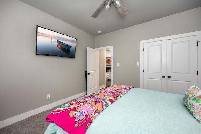 bedroom with baseboards, a ceiling fan, a closet, and carpet