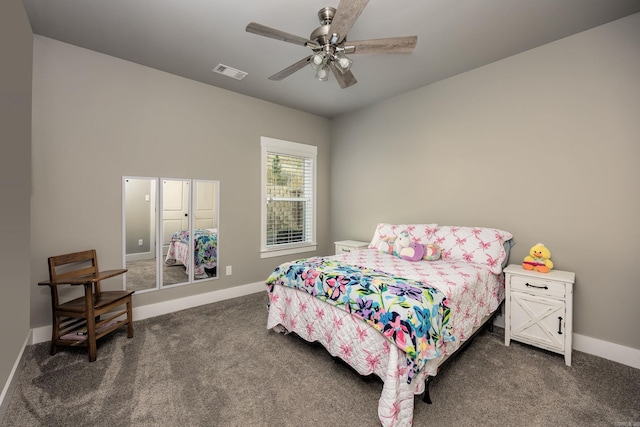 bedroom with a ceiling fan, carpet floors, baseboards, and visible vents
