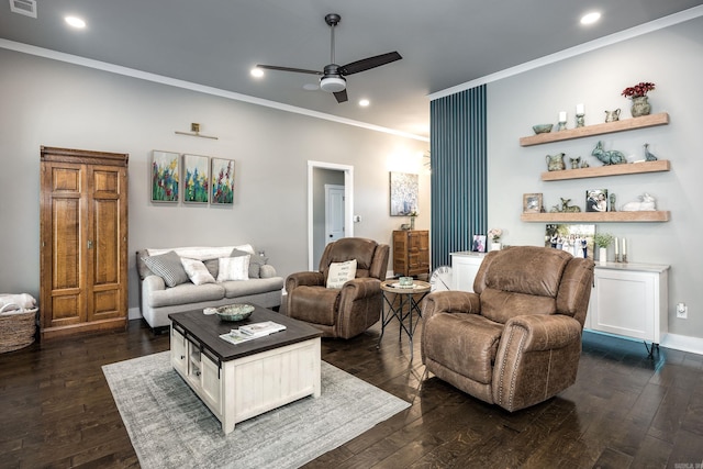living area featuring a ceiling fan, ornamental molding, dark wood-type flooring, and recessed lighting