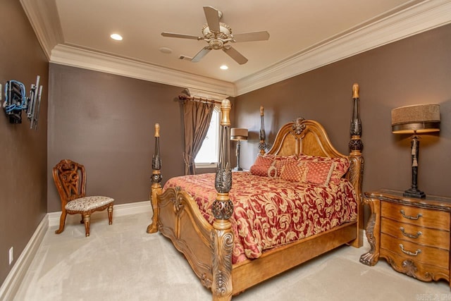 carpeted bedroom featuring visible vents, baseboards, ornamental molding, recessed lighting, and a ceiling fan