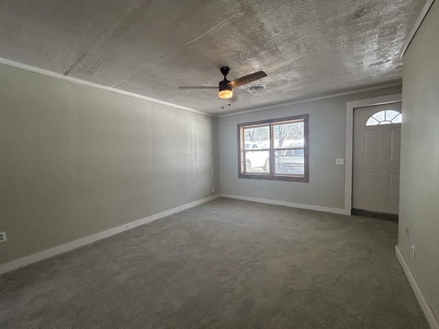 321 Forrest Dr, Newport, AR 72112 - interior space with ornamental molding, baseboards, a textured ceiling, visible vents, and ceiling fan