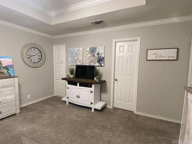 6 Timber Ridge Dr, Atlanta, TX 75551 - bedroom featuring ornamental molding, baseboards, dark colored carpet, and visible vents