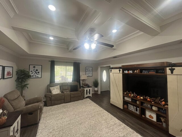6 Timber Ridge Dr, Atlanta, TX 75551 - living area featuring coffered ceiling, a ceiling fan, dark wood-type flooring, beamed ceiling, and ornamental molding
