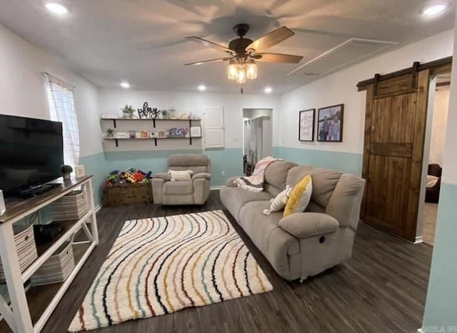 6 Timber Ridge Dr, Atlanta, TX 75551 - living area featuring a barn door, ceiling fan, wood finished floors, and recessed lighting