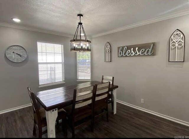 6 Timber Ridge Dr, Atlanta, TX 75551 - dining space with ornamental molding, a textured ceiling, baseboards, and dark wood finished floors