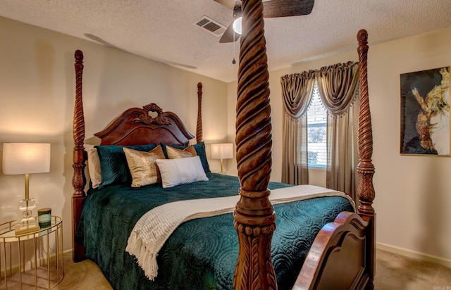 7200 Nell Dr, Pine Bluff, AR 71603 - bedroom with carpet floors, a ceiling fan, a textured ceiling, baseboards, and visible vents