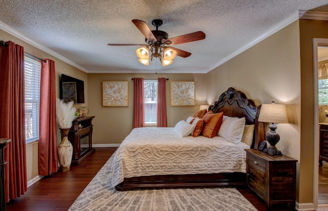 7200 Nell Dr, Pine Bluff, AR 71603 - bedroom featuring baseboards, a textured ceiling, crown molding, and dark wood finished floors