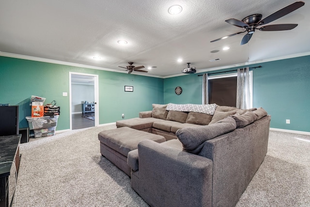 168 Leta Ln, Hot Springs, AR 71913 - carpeted living area with a ceiling fan, ornamental molding, and baseboards