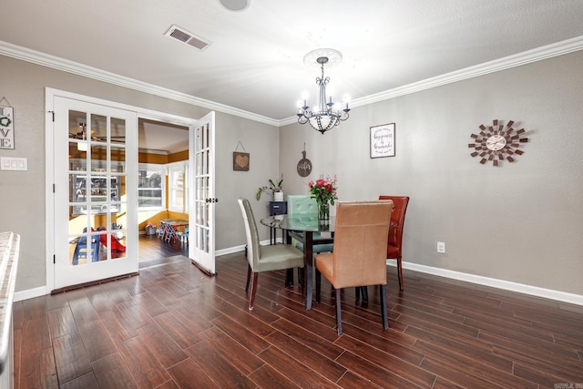 168 Leta Ln, Hot Springs, AR 71913 - dining area with french doors, wood finished floors, a notable chandelier, and visible vents