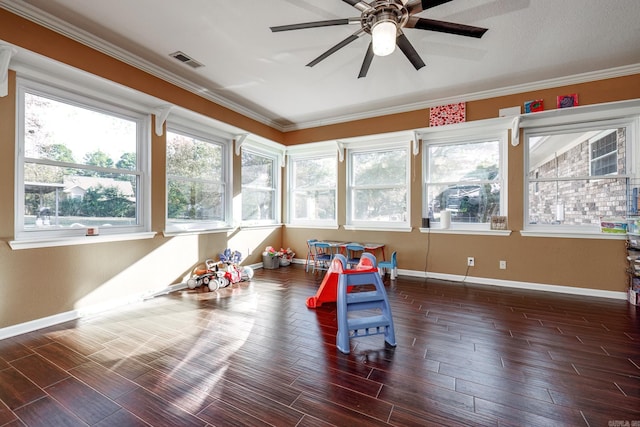 168 Leta Ln, Hot Springs, AR 71913 - rec room featuring wood tiled floor, ceiling fan, visible vents, and a healthy amount of sunlight