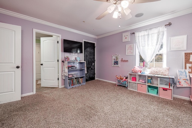 168 Leta Ln, Hot Springs, AR 71913 - recreation room featuring baseboards, ornamental molding, ceiling fan, and carpet