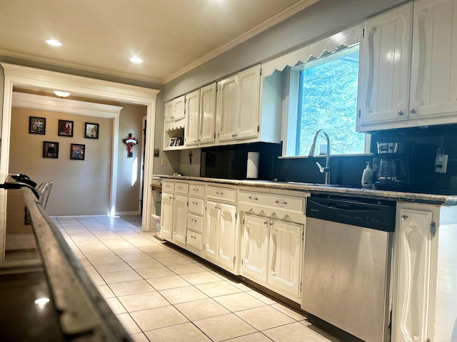kitchen featuring ornamental molding, recessed lighting, light tile patterned flooring, dishwasher, and decorative backsplash