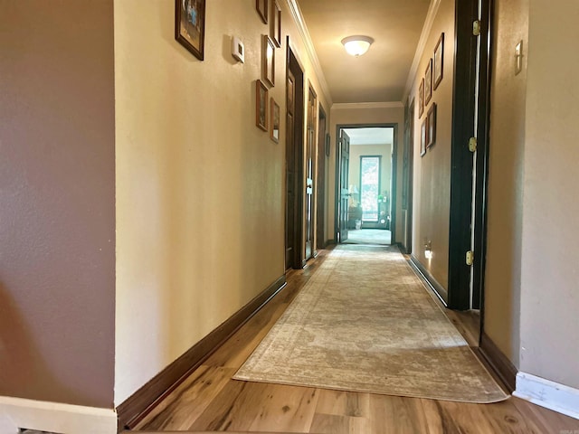 hall with crown molding, wood finished floors, and baseboards
