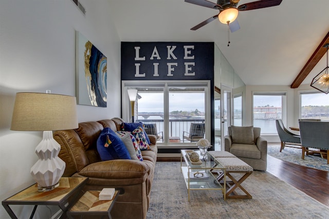 101 Long Island Dr Unit 605, Hot Springs, AR 71913 - living room featuring a water view, a ceiling fan, wood finished floors, and lofted ceiling