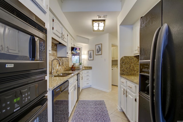 101 Long Island Dr Unit 605, Hot Springs, AR 71913 - kitchen featuring light tile patterned floors, white cabinetry, backsplash, black appliances, and a sink