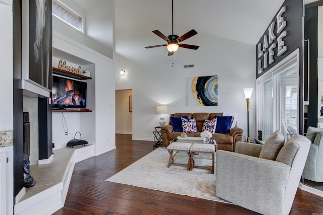 101 Long Island Dr Unit 605, Hot Springs, AR 71913 - living area with high vaulted ceiling, visible vents, a ceiling fan, and dark wood-style floors