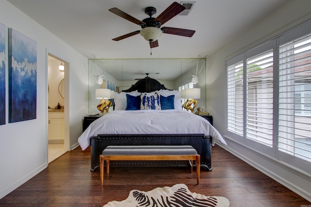 101 Long Island Dr Unit 605, Hot Springs, AR 71913 - bedroom with connected bathroom, a ceiling fan, visible vents, wood finished floors, and baseboards