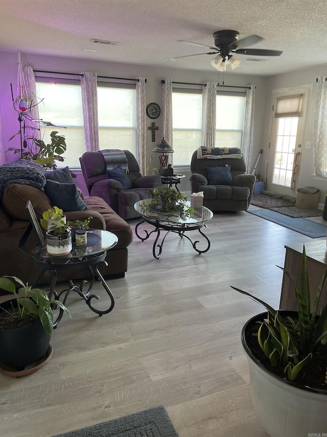 1836 Big Danger Rd, Clarksville, AR 72830 - living area with light wood-style floors, visible vents, a ceiling fan, and a textured ceiling