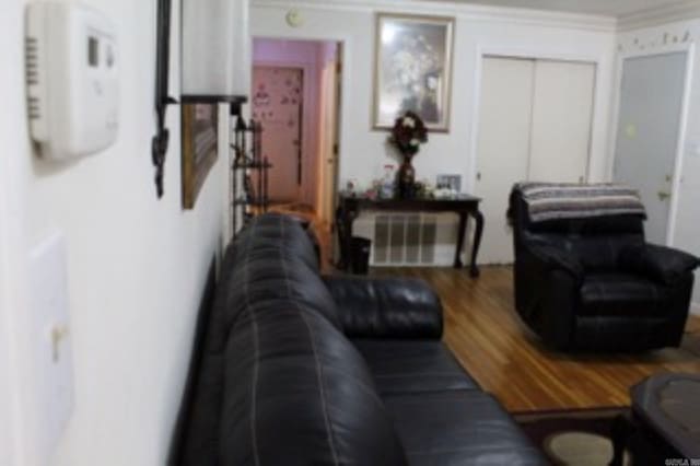 living area with wood finished floors and ornamental molding