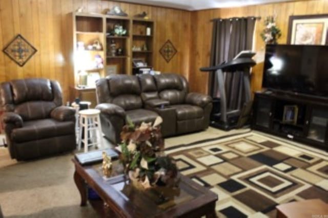 carpeted living room featuring wood walls