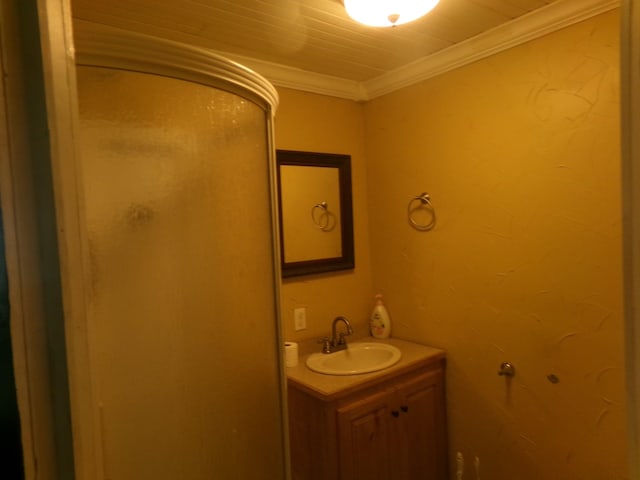 405 S Skaggs Rd, Clarksville, AR 72830 - bathroom with crown molding, vanity, and wood ceiling