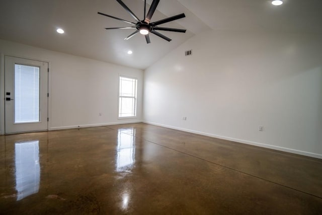 unfurnished room featuring finished concrete flooring, high vaulted ceiling, visible vents, recessed lighting, and baseboards