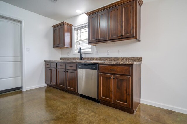 kitchen with dark brown cabinetry, finished concrete floors, dishwasher, dark countertops, and baseboards