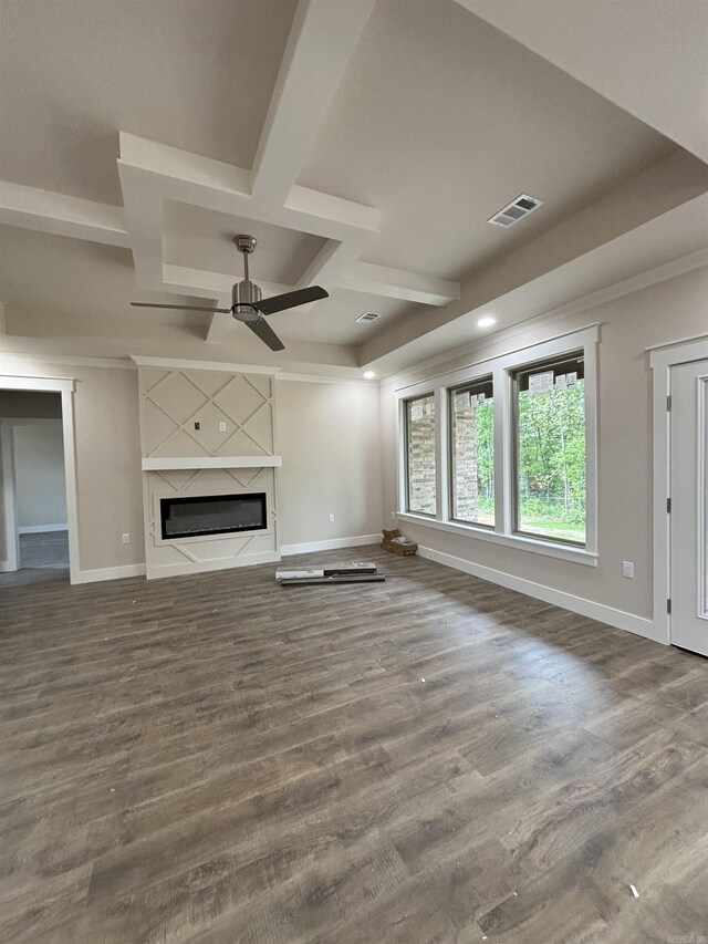 228 Michelle Dr, Beebe, AR 72012 - unfurnished living room featuring a ceiling fan, baseboards, coffered ceiling, a high end fireplace, and wood finished floors