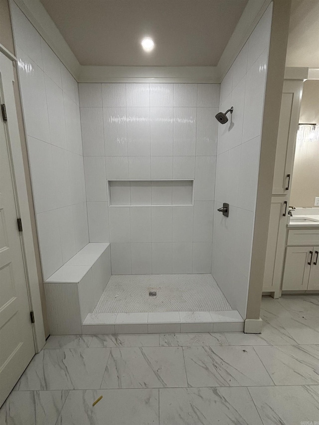 228 Michelle Dr, Beebe, AR 72012 - full bathroom featuring marble finish flooring, a shower stall, vanity, and recessed lighting