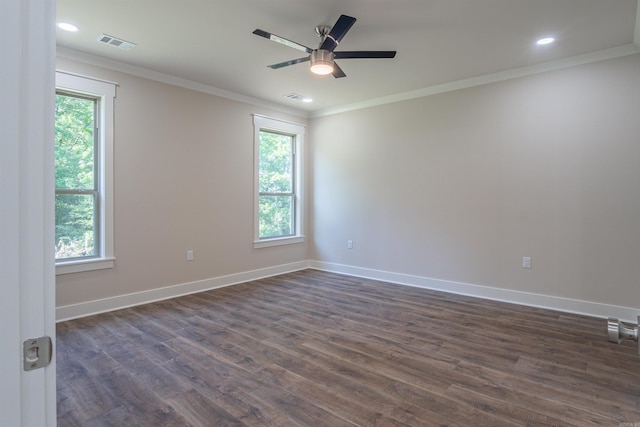 228 Michelle Dr, Beebe, AR 72012 - unfurnished room with dark wood-style floors, crown molding, baseboards, ceiling fan, and recessed lighting