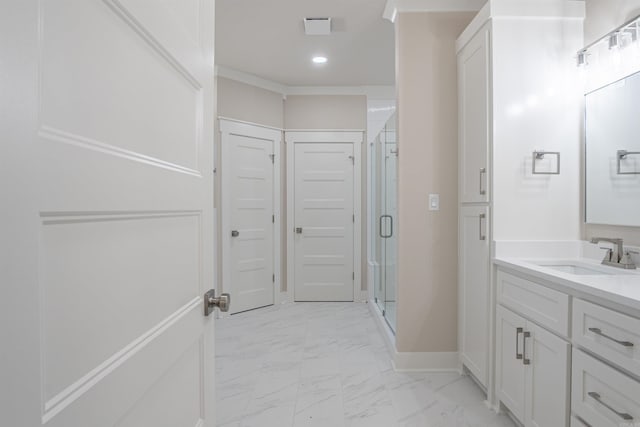 228 Michelle Dr, Beebe, AR 72012 - bathroom with vanity, marble finish floors, a shower stall, recessed lighting, and baseboards